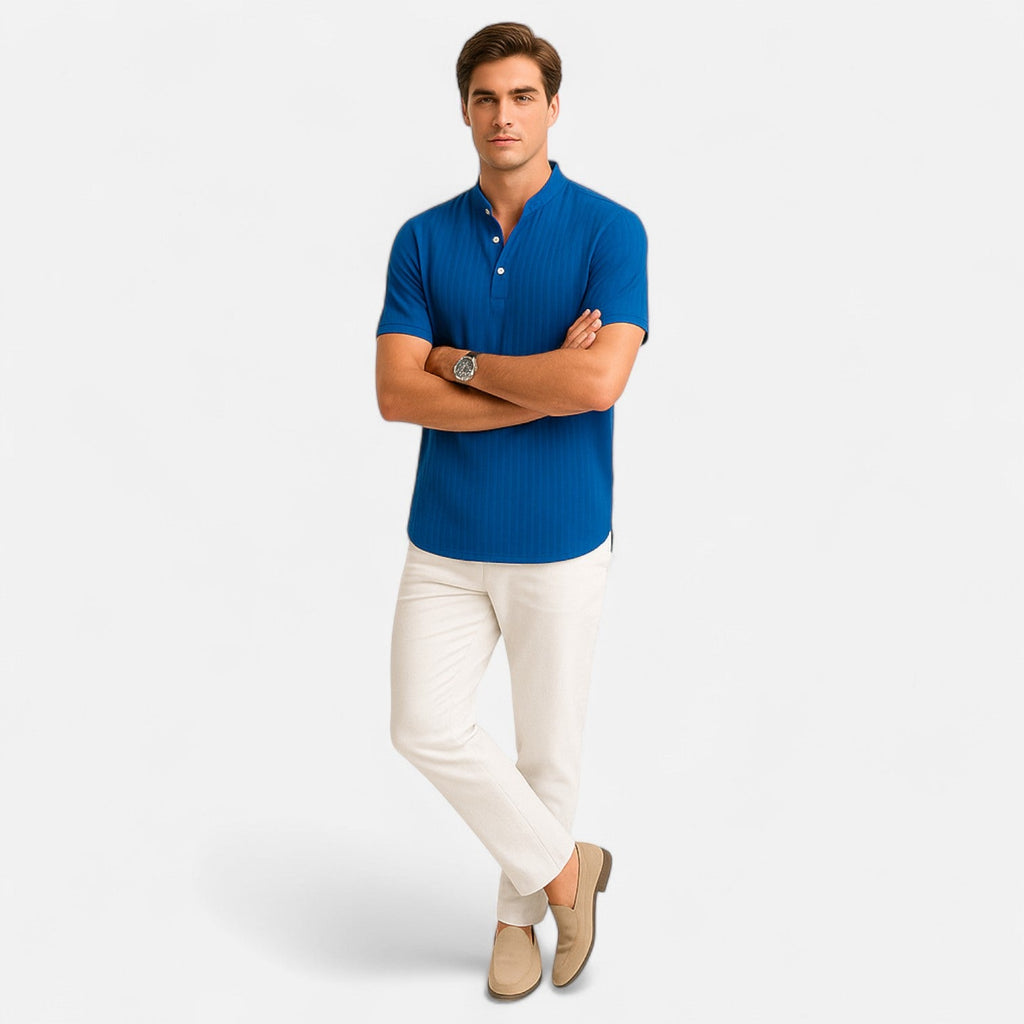 Men’s Cotton–Linen Striped Jacquard Short Sleeve Shirt – Textural Stripes, Casual Elegance