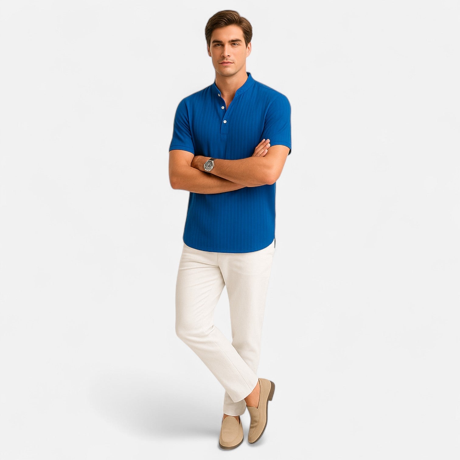 Men’s Cotton–Linen Striped Jacquard Short Sleeve Shirt – Textural Stripes, Casual Elegance