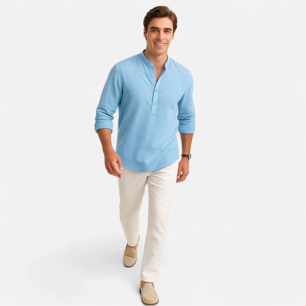 Men’s Cotton–Linen Long Sleeve Henley – Lightweight Comfort, Relaxed Sophistication