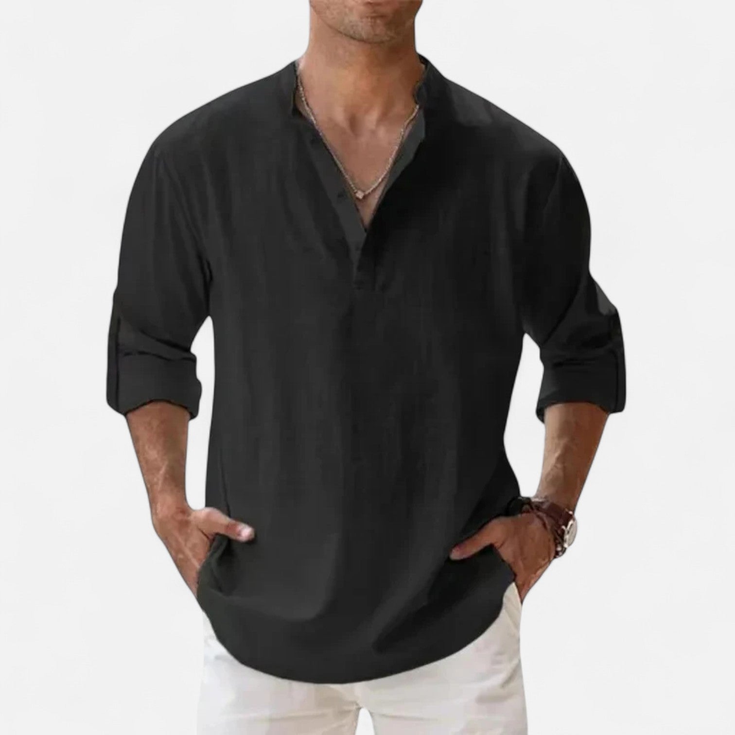 Men’s Cotton–Linen Long Sleeve Henley – Lightweight Comfort, Relaxed Sophistication