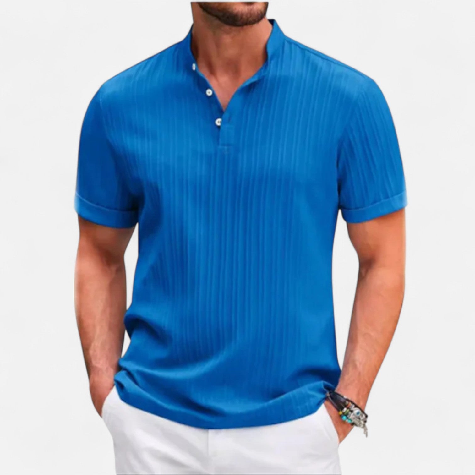 Men’s Cotton–Linen Striped Jacquard Short Sleeve Shirt – Textural Stripes, Casual Elegance