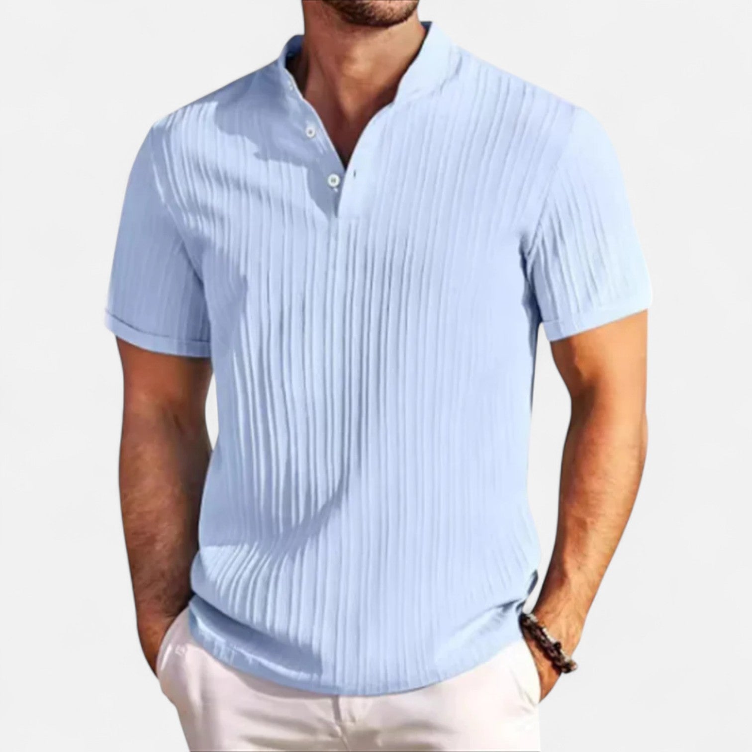 Men’s Cotton–Linen Striped Jacquard Short Sleeve Shirt – Textural Stripes, Casual Elegance