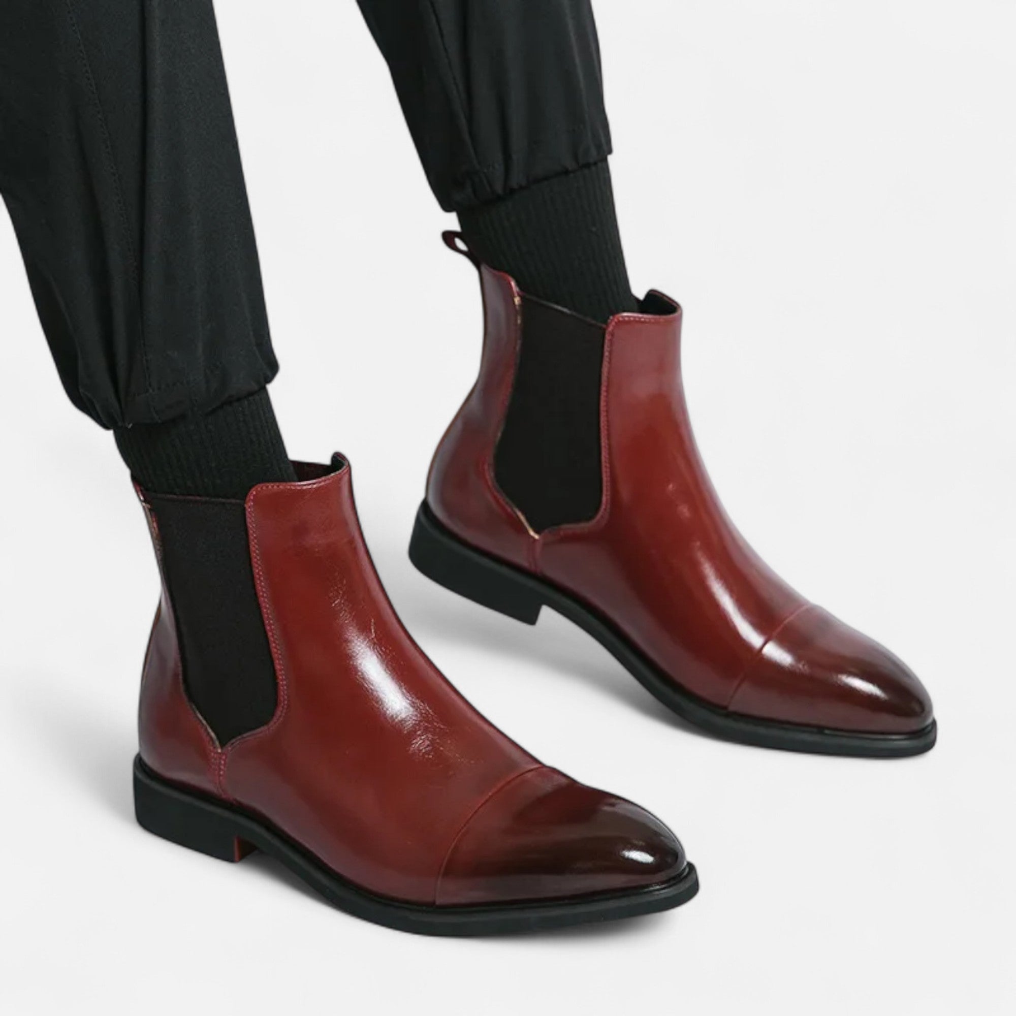 Men’s Chelsea Boots in Polished Noir with Red Sole