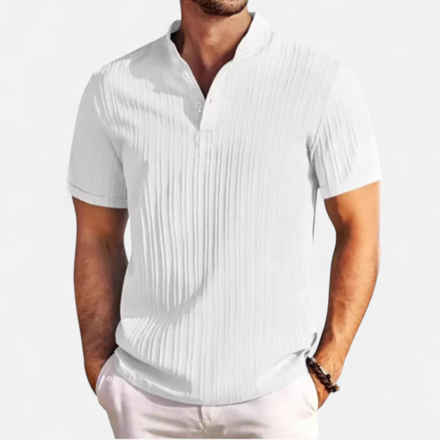 Men’s Cotton–Linen Striped Jacquard Short Sleeve Shirt – Textural Stripes, Casual Elegance